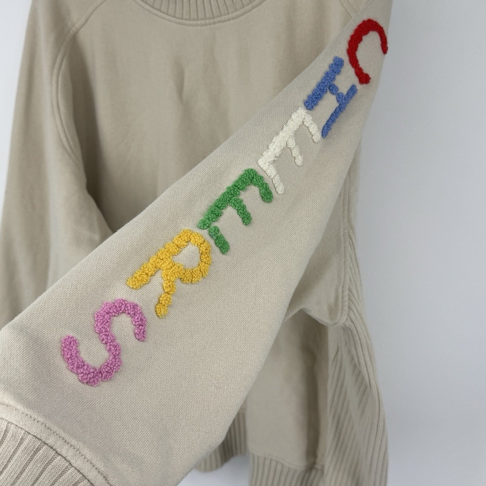 Aerie Oversized Crewneck Sweatshirt Medium Beige Rainbow "Cheers" Sleeve Lounge - Picture 5 of 10
